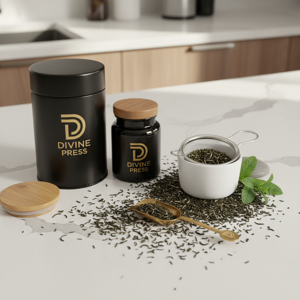 Loose tea with Divine Press logo prominent